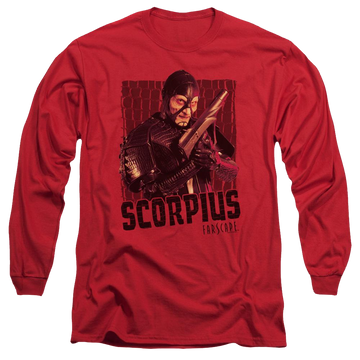 Red men's long sleeve t-shirt with Farscape Scorpius graphic