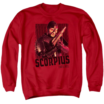 Red men's crewneck sweatshirt with Farscape Scorpius graphic