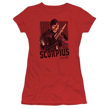 Red juniors t-shirt with Farscape Scorpius graphic