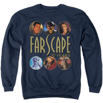 Navy men's crewneck sweatshirt with Farscape 20 Years graphic