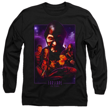 Black men's long sleeve t-shirt with Farscape 20 Years Collage graphic