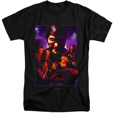 Black men's tall fit t-shirt with Farscape 20 Years Collage graphic