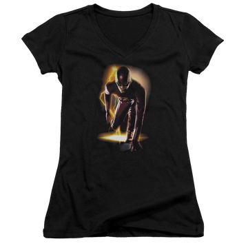 Black juniors v-neck t-shirt with The Flash Ready graphic