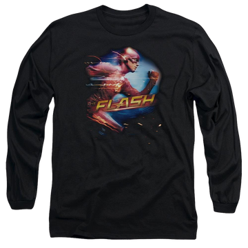 Black men's long sleeve t-shirt with The Flash Fastest Man graphic