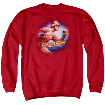 Red men's crewneck sweatshirt with The Flash Fastest Man graphic