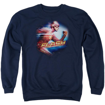 Navy men's crewneck sweatshirt with The Flash Fastest Man graphic