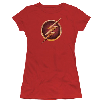 Red juniors t-shirt with The Flash Chest Logo graphic