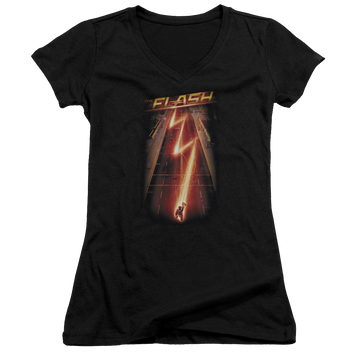 Black juniors v-neck t-shirt with Flash Ave graphic