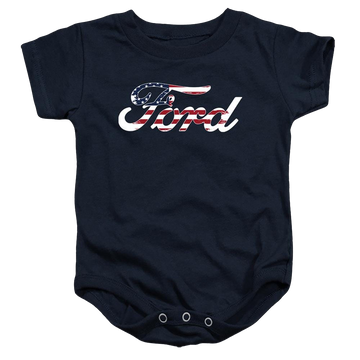 Navy baby bodysuit with Ford Flag Logo graphic