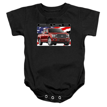 Black baby bodysuit with Ford F 150 Flag graphic