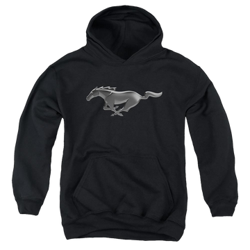 Black youth hoodie for ages 8 to 12 with Ford Modern Mustang graphic