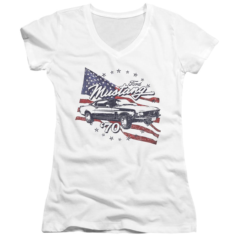 Ford 70 Mustang - Juniors V-Neck T-Shirt Juniors V-Neck T-Shirt Ford   
