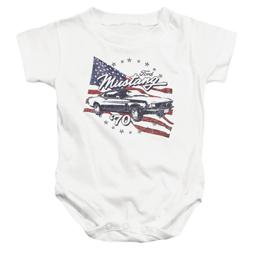 White baby bodysuit with Ford 70 Mustang graphic