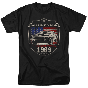 Black men's regular fit t-shirt with Ford Mustang 1969 Flag graphic