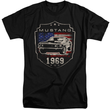 Black men's tall fit t-shirt with Ford Mustang 1969 Flag graphic
