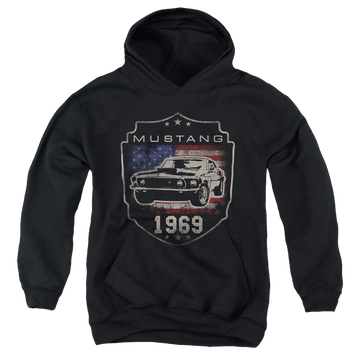 Black youth hoodie for ages 8 to 12 with Ford Mustang 1969 Flag graphic