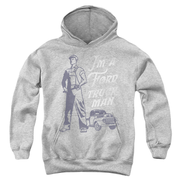 Athletic heather youth hoodie for ages 8 to 12 with Ford Truck Man Classic graphic