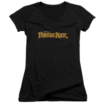 Black juniors v-neck t-shirt with Fraggle Rock Logo graphic