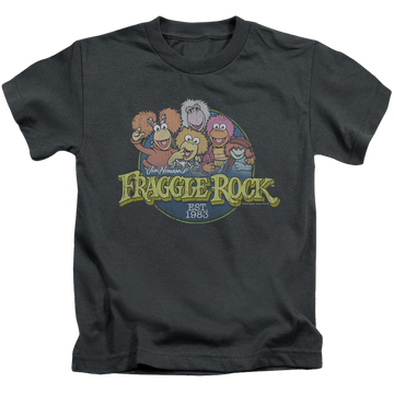 Charcoal kid's t-shirt for ages 4 to 7 with Fraggle Rock Circle Logo graphic