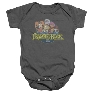 Charcoal baby bodysuit with Fraggle Rock Circle Logo graphic