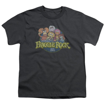 Charcoal youth t-shirt for ages 8 to 12 with Fraggle Rock Circle Logo graphic