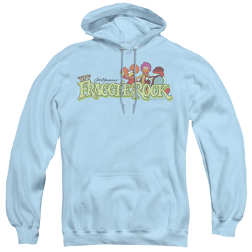 Light blue pullover hoodie with Fraggle Rock Leaf Logo graphic