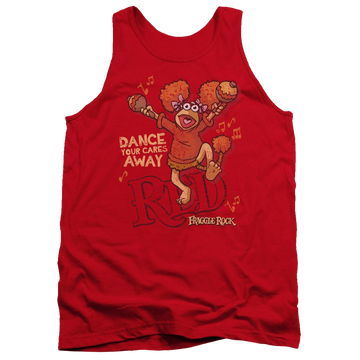 Red men's tank with Fraggle Rock Dance graphic