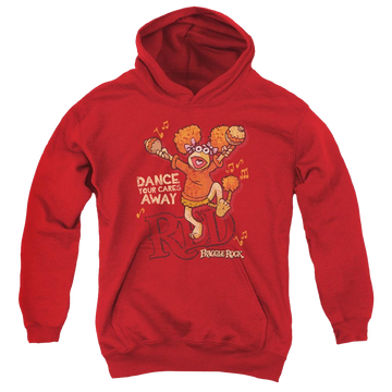 Red youth hoodie for ages 8 to 12 with Fraggle Rock Dance graphic