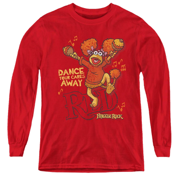 Red youth long sleeve t-shirt with Fraggle Rock Dance graphic