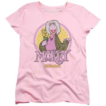 Pink women's t-shirt with Fraggle Rock Mokey Circle graphic
