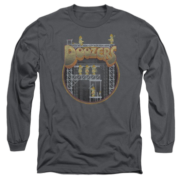 Charcoal men's long sleeve t-shirt with Fraggle Rock Doozers Construction graphic