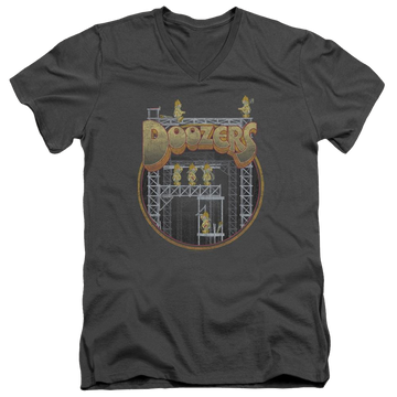 Charcoal men's v-neck t-shirt with Fraggle Rock Doozers Construction graphic