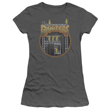 Charcoal juniors t-shirt with Fraggle Rock Doozers Construction graphic