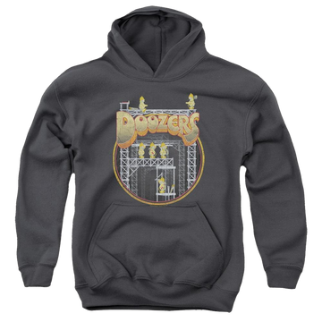 Charcoal youth hoodie for ages 8 to 12 with Fraggle Rock Doozers Construction graphic