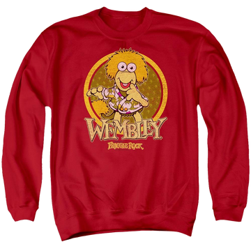 Red men's crewneck sweatshirt with Fraggle Rock Wembley Circle graphic