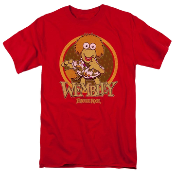 Red men's regular fit t-shirt with Fraggle Rock Wembley Circle graphic