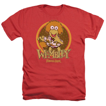 Red men's heather t-shirt with Fraggle Rock Wembley Circle graphic