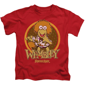 Red kid's t-shirt for ages 4 to 7 with Fraggle Rock Wembley Circle graphic