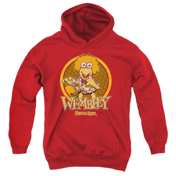 Red youth hoodie for ages 8 to 12 with Fraggle Rock Wembley Circle graphic