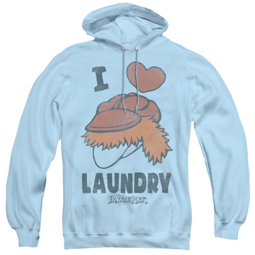 Light blue pullover hoodie with Fraggle Rock Laundry Lover graphic