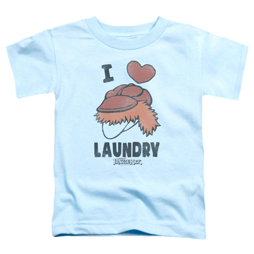 Light blue toddler t-shirt with Fraggle Rock Laundry Lover graphic
