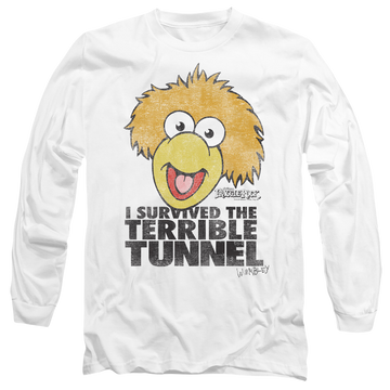 White men's long sleeve t-shirt with Fraggle Rock Terrible Tunnel graphic
