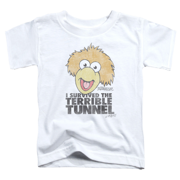 White toddler t-shirt with Fraggle Rock Terrible Tunnel graphic