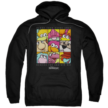 Black pullover hoodie with Fraggle Rock Squared graphic