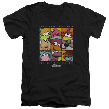 Black men's v-neck t-shirt with Fraggle Rock Squared graphic