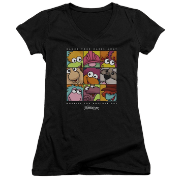 Black juniors v-neck t-shirt with Fraggle Rock Squared graphic