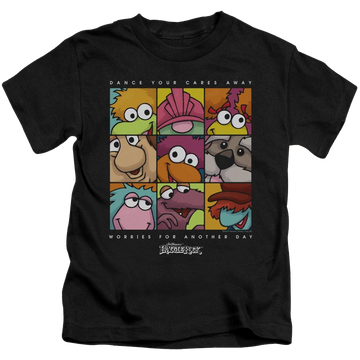 Black kid's t-shirt for ages 4 to 7 with Fraggle Rock Squared graphic