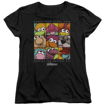 Black women's t-shirt with Fraggle Rock Squared graphic