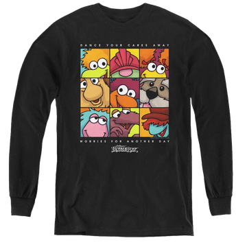 Black youth long sleeve t-shirt with Fraggle Rock Squared graphic