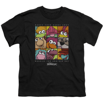 Black youth t-shirt for ages 8 to 12 with Fraggle Rock Squared graphic